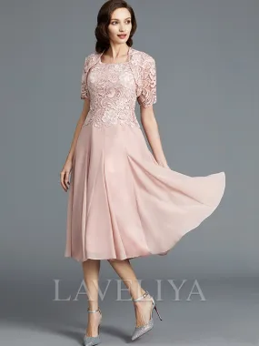 A-line Scoop Ruffles Tea-Length Chiffon Mother of the Bride Dress  #XM230128