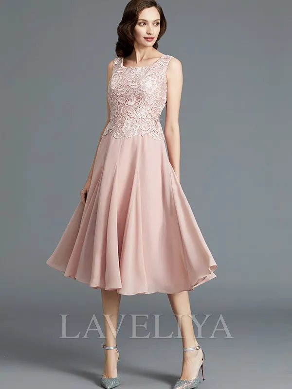 A-line Scoop Ruffles Tea-Length Chiffon Mother of the Bride Dress  #XM230128