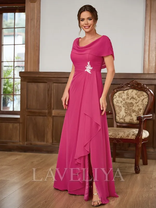 A-line Scoop Short Sleeves Appliques Lace Floor-Length Chiffon Mother of the Bride Dress  #XM240015