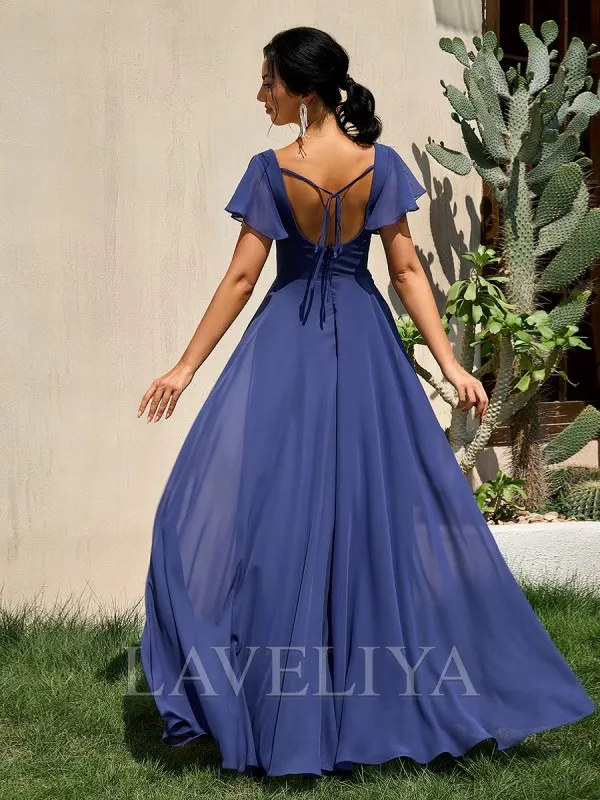 A-line Square Short Sleeves Floor-Length Chiffon Bridesmaid Dress  #ZB230434