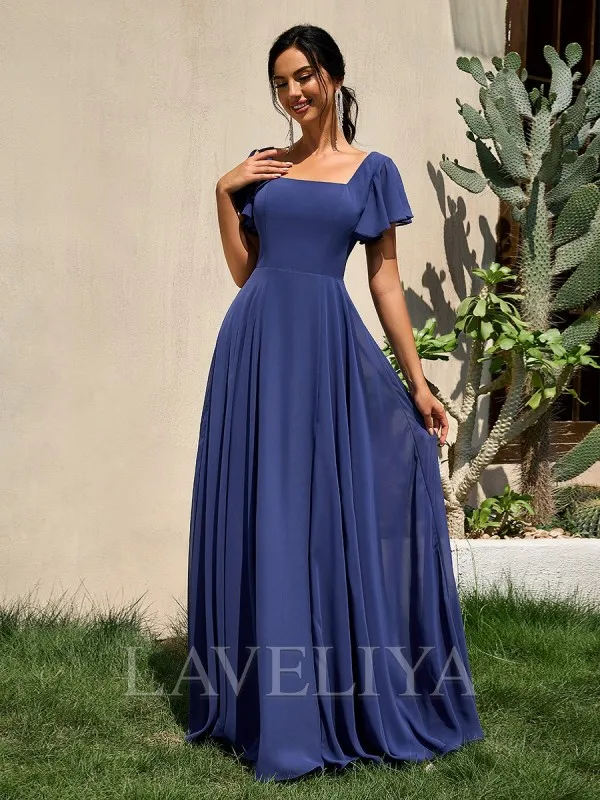 A-line Square Short Sleeves Floor-Length Chiffon Bridesmaid Dress  #ZB230434