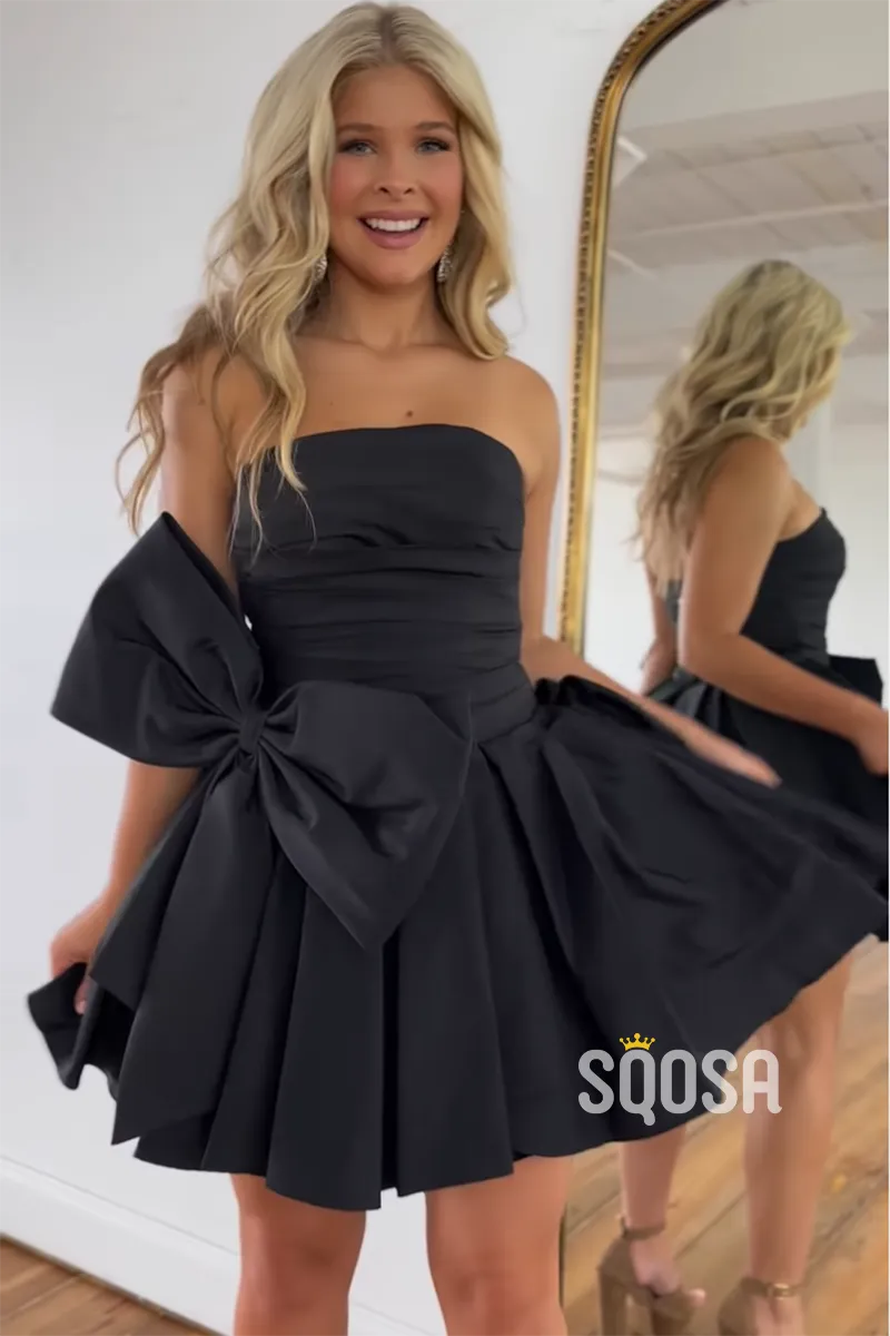 A-Line Strapless Satin Bowknot Black Short Homecoming Dress Cheap QH2415