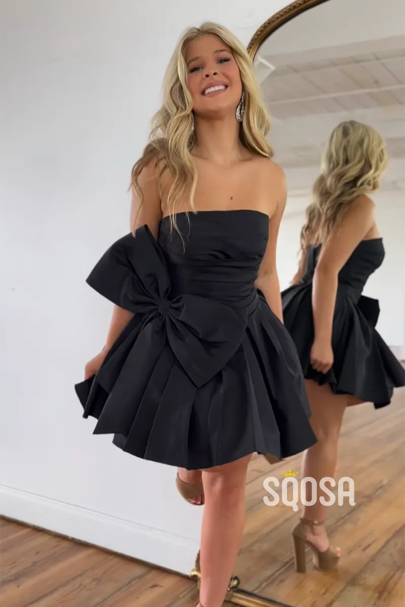 A-Line Strapless Satin Bowknot Black Short Homecoming Dress Cheap QH2415