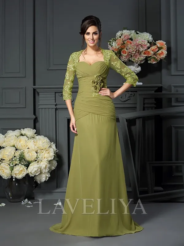 A-line Sweetheart 1/2 Sleeves Flower Floor-Length Chiffon Mother of the Bride Dress  #XM230063