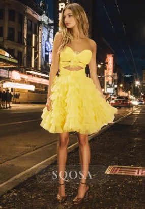 A Line Sweetheart Tulle Ruffles Yellow Cute Homecoming Dress Short Prom Dress