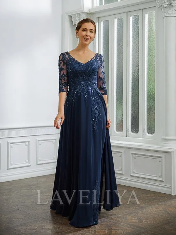 A-line V-neck 3/4 Sleeves Beading Floor-Length Chiffon Mother of the Bride Dress  #XM230250