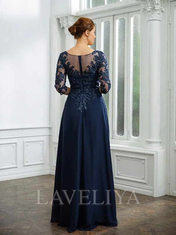 A-line V-neck 3/4 Sleeves Beading Floor-Length Chiffon Mother of the Bride Dress  #XM230250