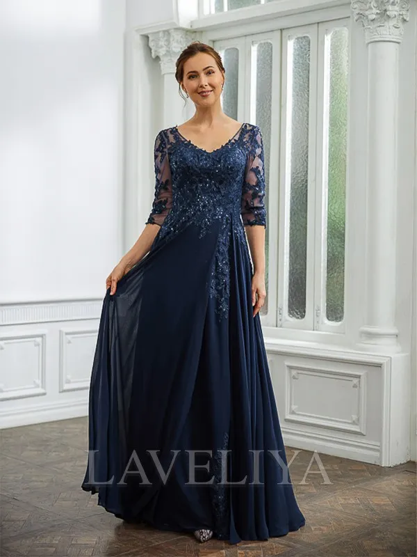 A-line V-neck 3/4 Sleeves Beading Floor-Length Chiffon Mother of the Bride Dress  #XM230250