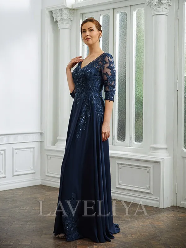 A-line V-neck 3/4 Sleeves Beading Floor-Length Chiffon Mother of the Bride Dress  #XM230250