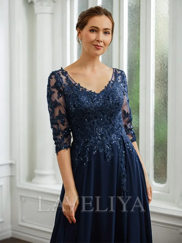 A-line V-neck 3/4 Sleeves Beading Floor-Length Chiffon Mother of the Bride Dress  #XM230250