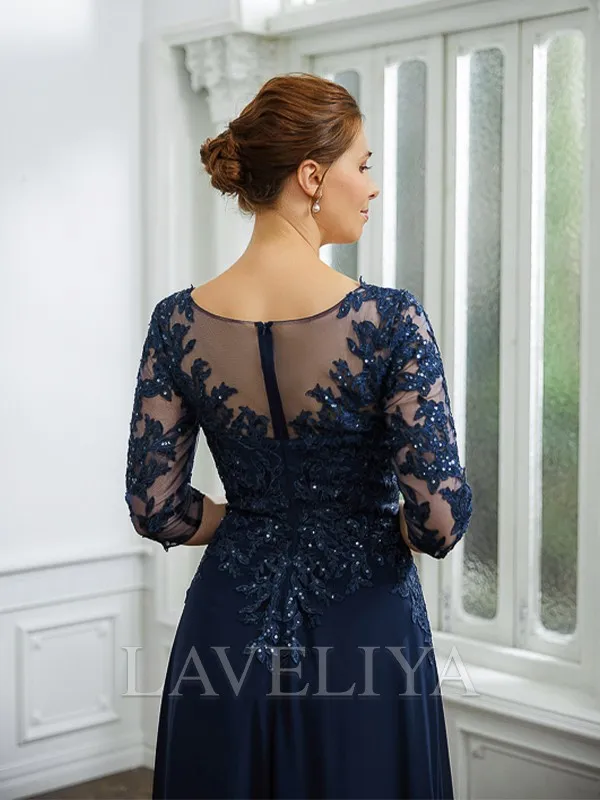 A-line V-neck 3/4 Sleeves Beading Floor-Length Chiffon Mother of the Bride Dress  #XM230250