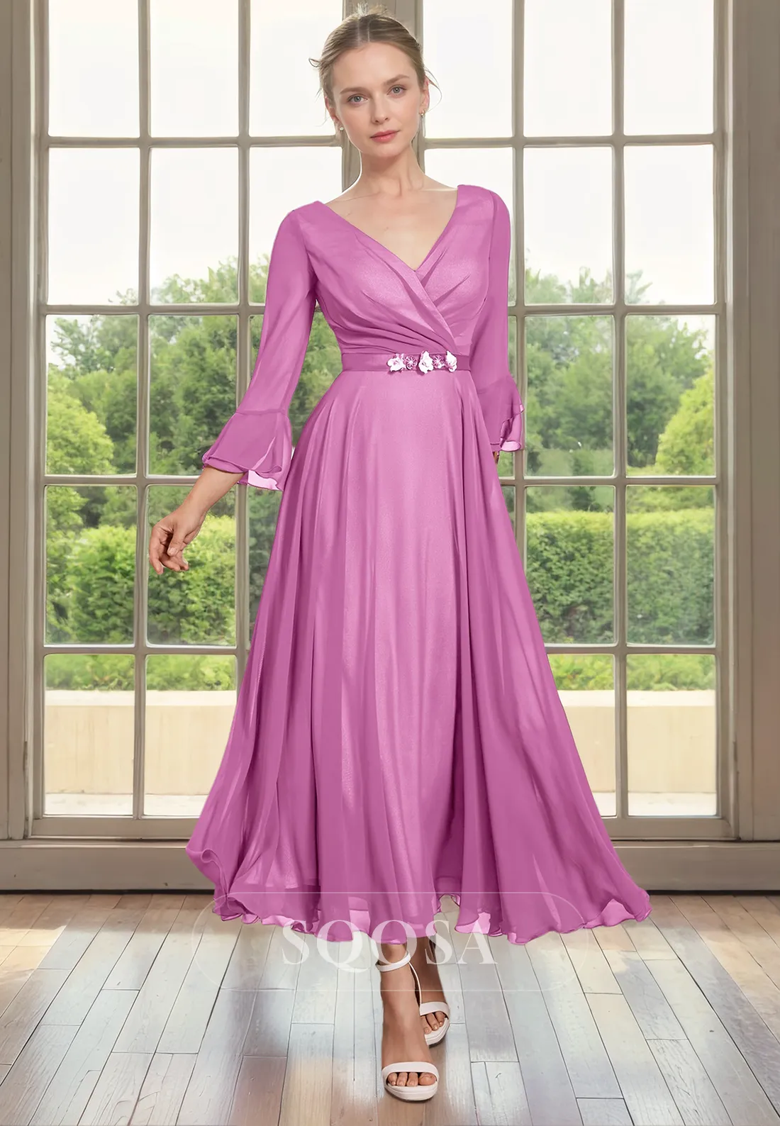 A Line V Neck 3/4 Sleeves Elegant Mother of the Bride Dress for Wedding