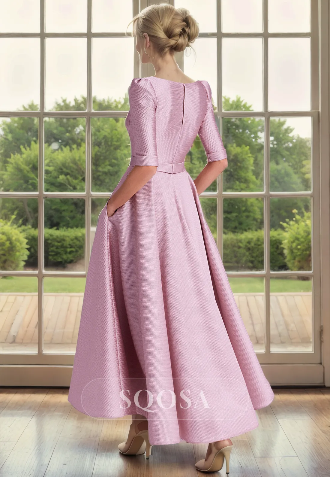 A Line V Neck 3/4 Sleeves Elegant Mother of the Bride Dress with Pockets Pink Cocktail Dress