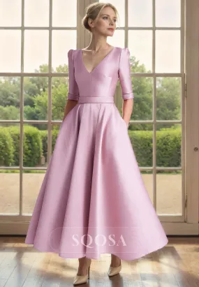 A Line V Neck 3/4 Sleeves Elegant Mother of the Bride Dress with Pockets Pink Cocktail Dress