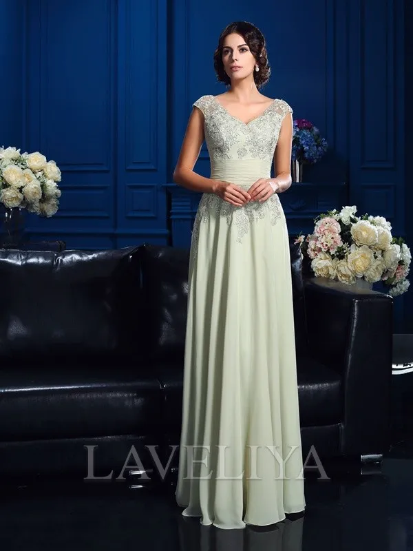 A-line V-neck Applique Floor-Length Chiffon Mother of the Bride Dress  #XM230134