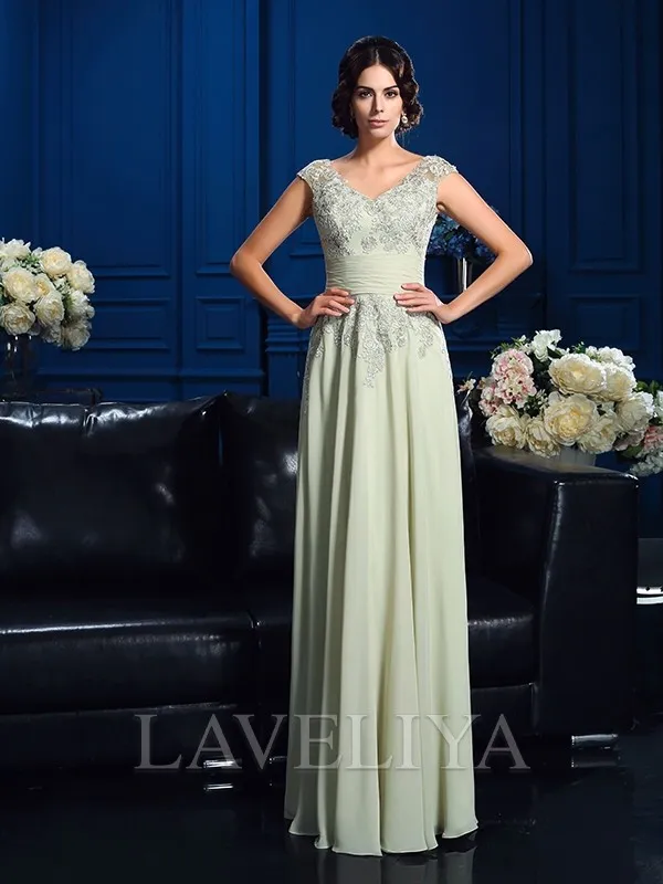 A-line V-neck Applique Floor-Length Chiffon Mother of the Bride Dress  #XM230134