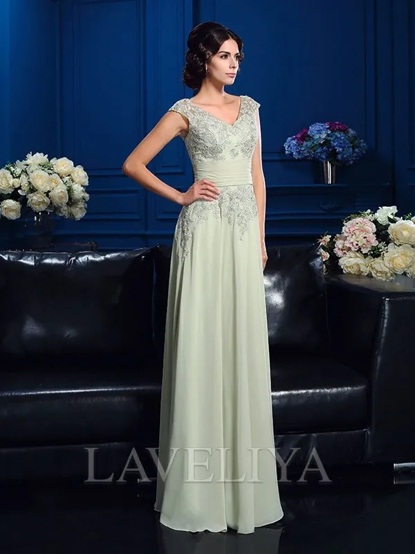 A-line V-neck Applique Floor-Length Chiffon Mother of the Bride Dress  #XM230134