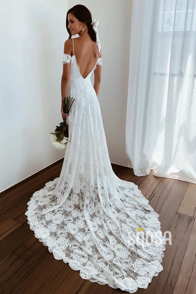 A-line V-neck High Split Allover Lace Bohemian Wedding Dress QW2695