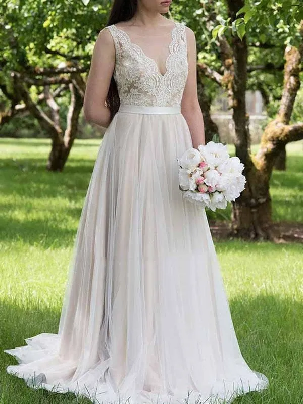 A-line V neck Lace Top Country Wedding Dress with Tulle Bottom | Vestido de novia