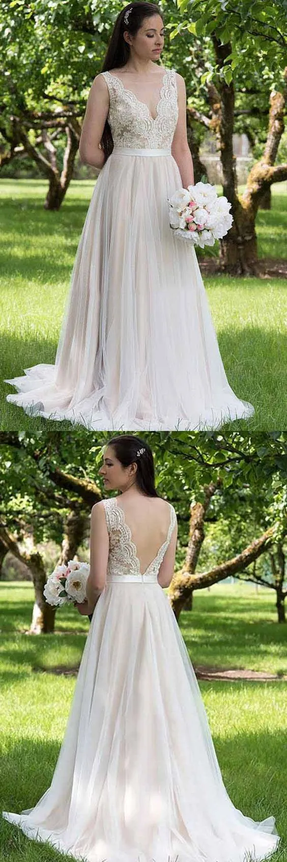 A-line V neck Lace Top Country Wedding Dress with Tulle Bottom | Vestido de novia