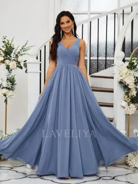 A-line V-neck Pleated Floor-Length Chiffon Bridesmaid Dress  #ZB230482