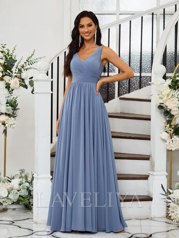 A-line V-neck Pleated Floor-Length Chiffon Bridesmaid Dress  #ZB230482