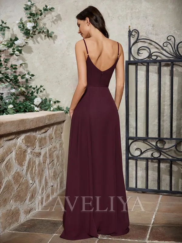 A-line V-neck Pleated Floor-Length Chiffon Bridesmaid Dress  #ZB240016