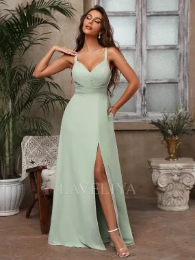 A-line V-neck Pleated Floor-Length Chiffon Bridesmaid Dress  #ZB240101