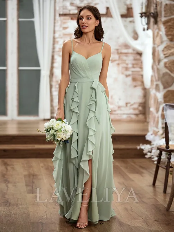 A-line V-neck Ruffles Floor-Length Chiffon Bridesmaid Dress  #ZB240027