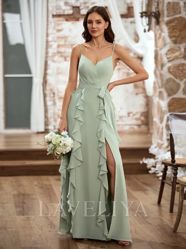 A-line V-neck Ruffles Floor-Length Chiffon Bridesmaid Dress  #ZB240027