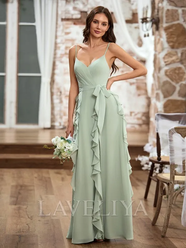 A-line V-neck Ruffles Floor-Length Chiffon Bridesmaid Dress  #ZB240027