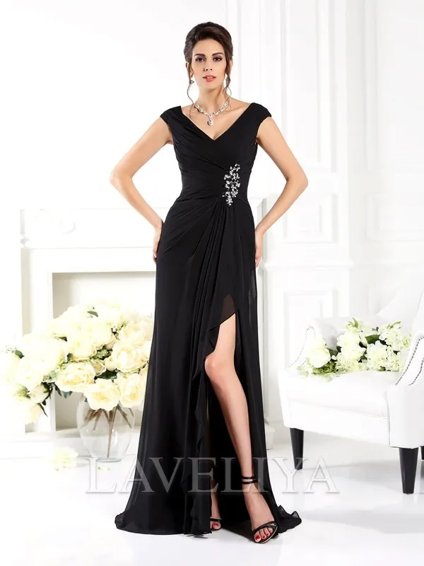 A-line V-neck Ruffles Sweep Train Chiffon Mother of the Bride Dress  #XM230110