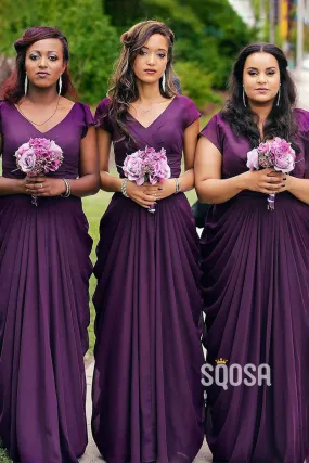 A-line V-Neck Short Sleeves Chiffon Purple Long Bridesmaid Dress QB3026