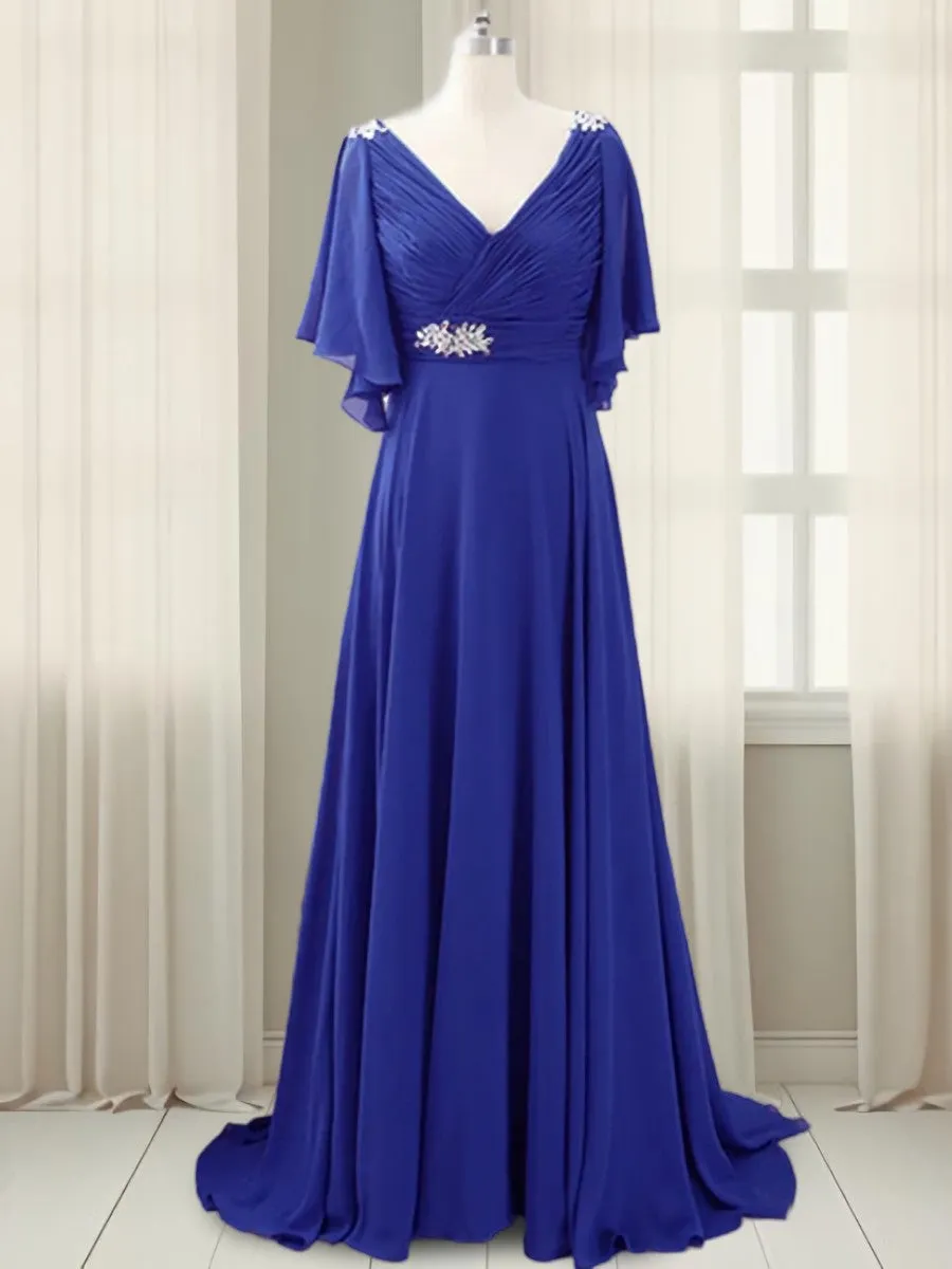 A-line V-neck Short Sleeves Pleated Sweep Train Chiffon Mother of the Bride Dress