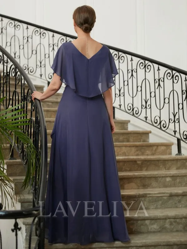 A-line V-neck Short Sleeves Ruffles Asymmetrical Chiffon Mother of the Bride Dress  #XM230076