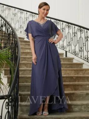 A-line V-neck Short Sleeves Ruffles Asymmetrical Chiffon Mother of the Bride Dress  #XM230076