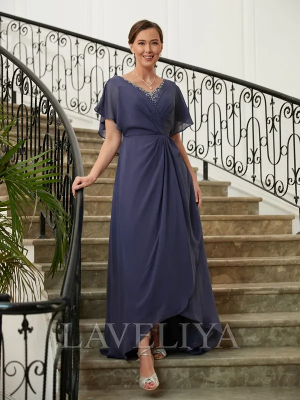 A-line V-neck Short Sleeves Ruffles Asymmetrical Chiffon Mother of the Bride Dress  #XM230076