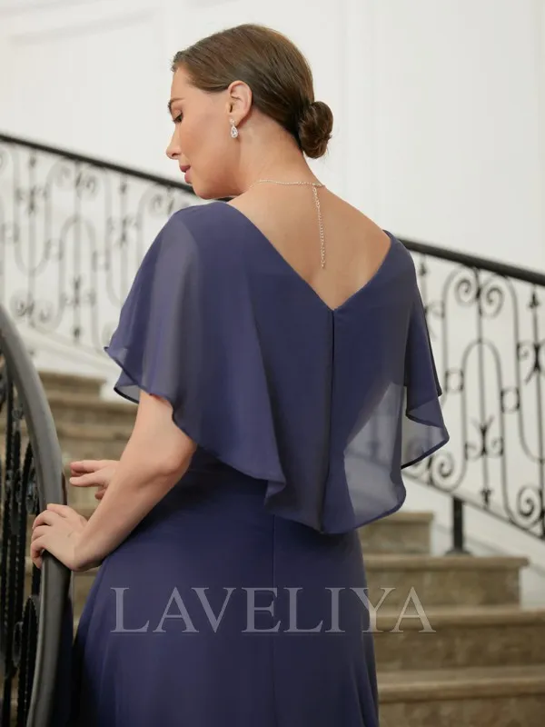 A-line V-neck Short Sleeves Ruffles Asymmetrical Chiffon Mother of the Bride Dress  #XM230076