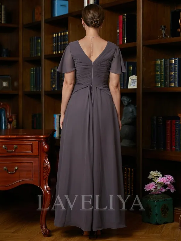 A-line V-neck Short Sleeves Ruffles Floor-Length Chiffon Mother of the Bride Dress  #XM230120