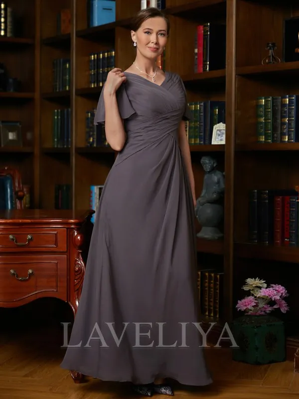 A-line V-neck Short Sleeves Ruffles Floor-Length Chiffon Mother of the Bride Dress  #XM230120