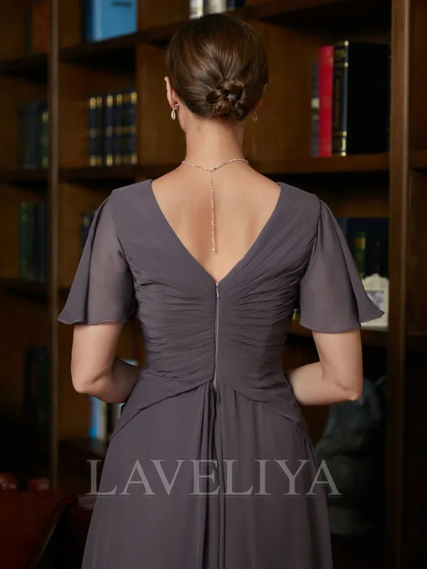 A-line V-neck Short Sleeves Ruffles Floor-Length Chiffon Mother of the Bride Dress  #XM230120