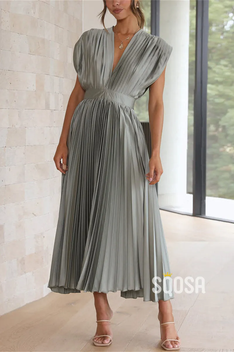 A-Line V-Neck Waist Pleated Mother of the Bride Dress Elegant Evening Gown QM3226