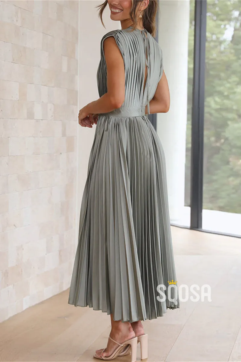 A-Line V-Neck Waist Pleated Mother of the Bride Dress Elegant Evening Gown QM3226