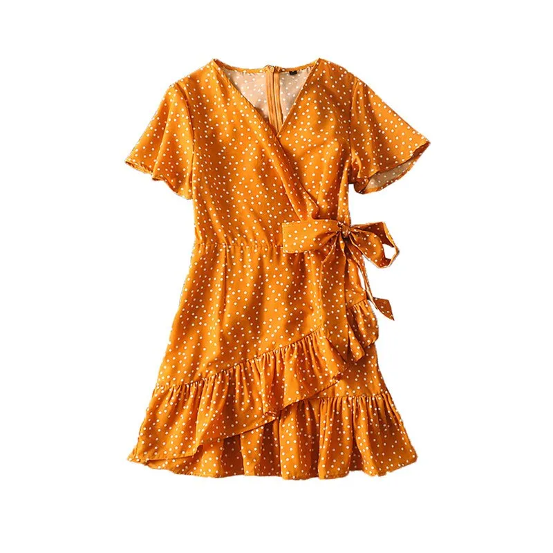 Ashore Shop Ruffles Polka Dot Dress Women Sexy V-neck Short Sleeve Boho Beach Dress Summer Fashion Mini Dress Sundress Robe