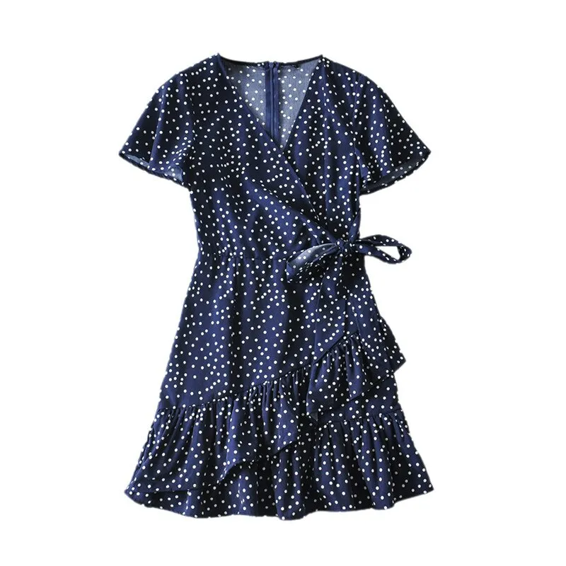 Ashore Shop Ruffles Polka Dot Dress Women Sexy V-neck Short Sleeve Boho Beach Dress Summer Fashion Mini Dress Sundress Robe