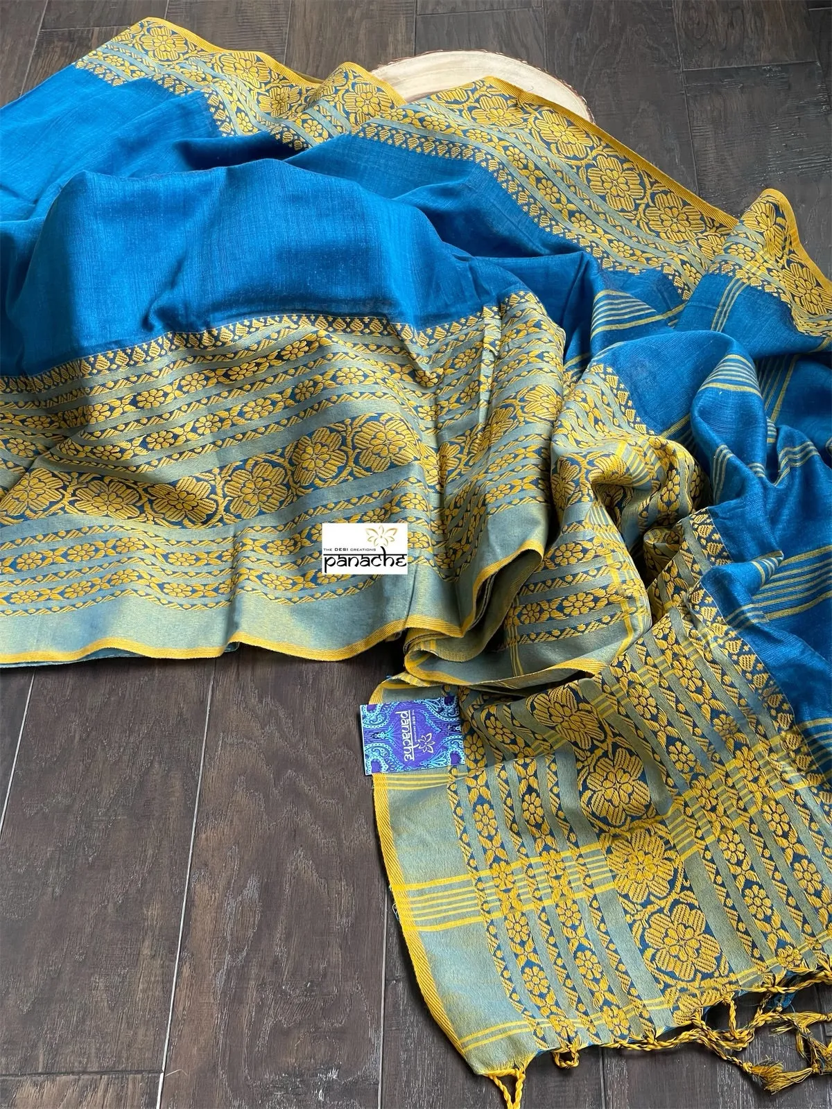 Begampuri Cotton Saree - Blue Yellow Woven