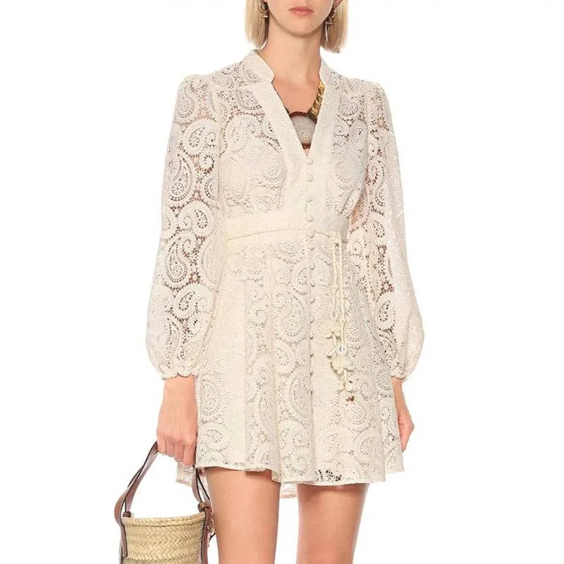 Beige Paisley Lace Big Sleeve Summer Dress