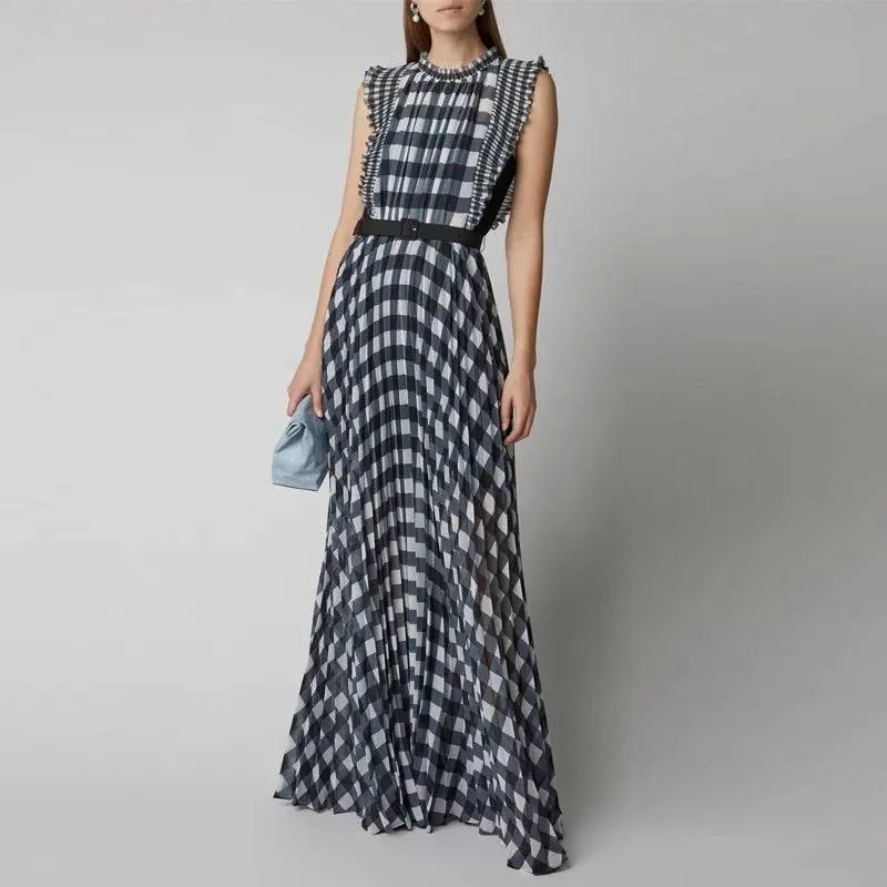 Black And White Plaid Sleeveless Long Dress