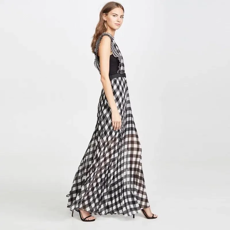 Black And White Plaid Sleeveless Long Dress