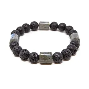 Black Lava and Serpentine Beads Men's Stretch Bracelet